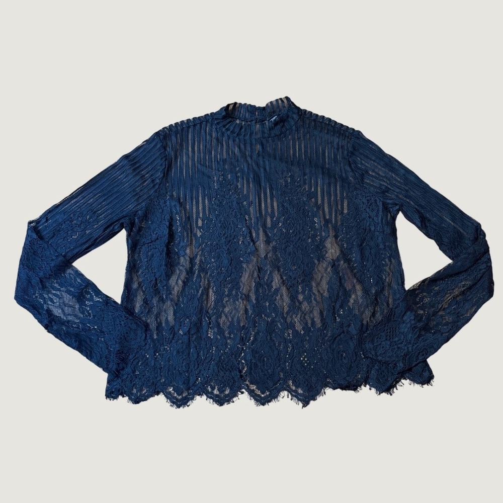 Forever 21 Lace Blouse Women Black Sheer Mock Neck Boho SIZE 1X